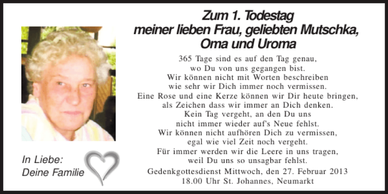  Traueranzeige für Gedenken  vom 27.02.2013 aus Mittelbayerische Zeitung