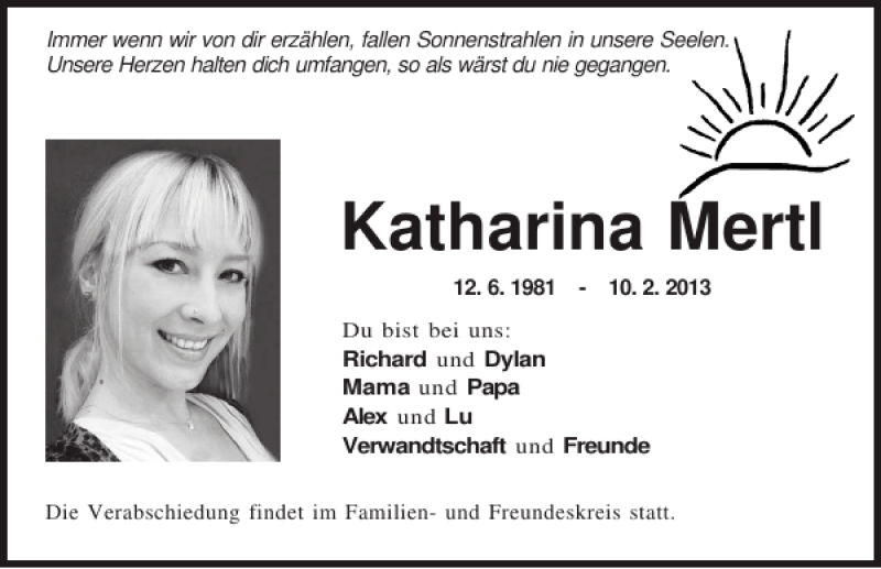  Traueranzeige für Katharina Mertl vom 12.02.2013 aus Mittelbayerische Zeitung