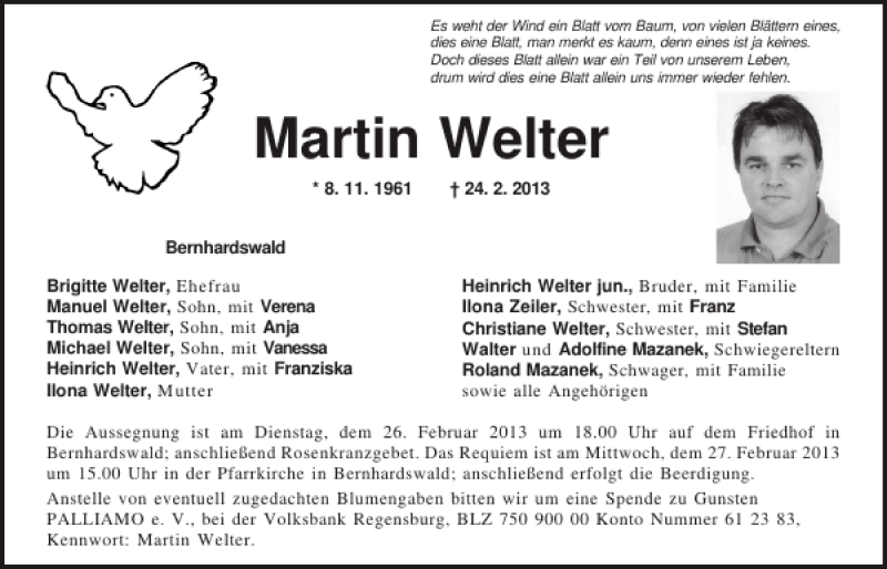  Traueranzeige für Martin Welter vom 26.02.2013 aus Mittelbayerische Zeitung