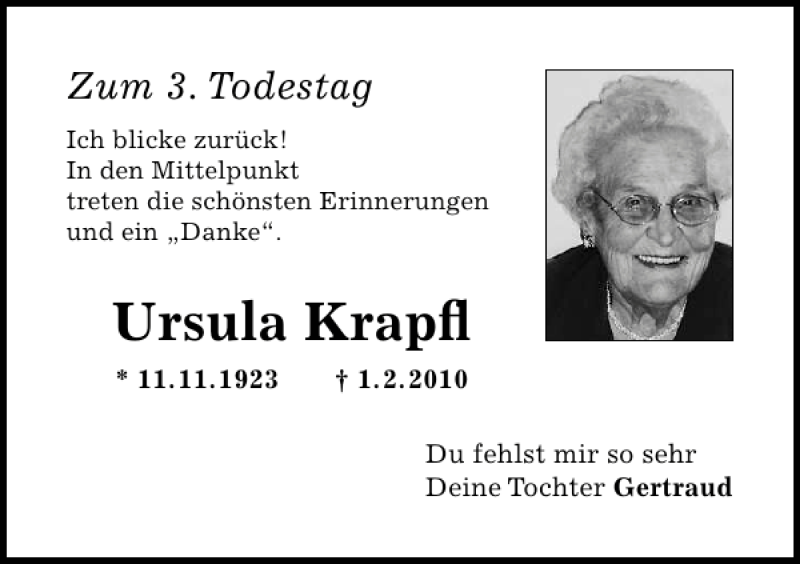  Traueranzeige für Ursula Krap? vom 01.02.2013 aus Mittelbayerische Zeitung