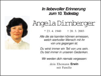 Traueranzeige von Angela Dirnberger von Mittelbayerische Zeitung