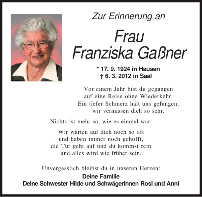  Traueranzeige für Frau Franziska Gaßner vom 06.03.2013 aus Mittelbayerische Zeitung