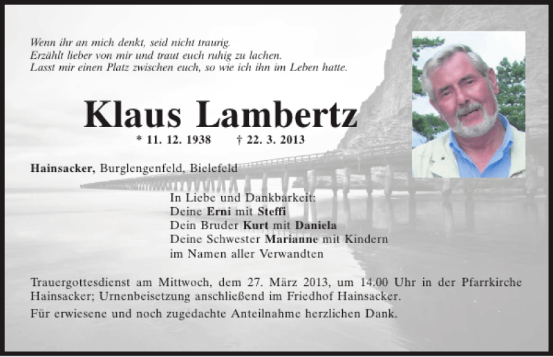  Traueranzeige für Hainsacker Klaus Lambertz vom 25.03.2013 aus Mittelbayerische Zeitung