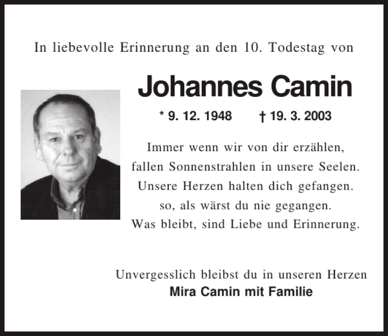  Traueranzeige für Johannes Camin vom 19.03.2013 aus Mittelbayerische Zeitung