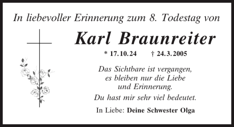  Traueranzeige für Karl Braunreiter vom 23.03.2013 aus Mittelbayerische Zeitung