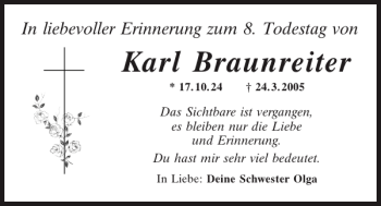 Traueranzeige von Karl Braunreiter von Mittelbayerische Zeitung