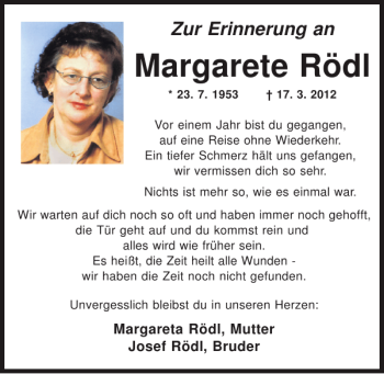 Traueranzeige von Margarete Rödl von Mittelbayerische Zeitung