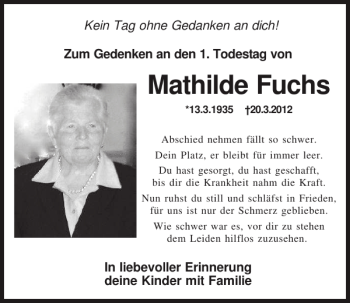 Traueranzeige von Mathilde Fuchs von Mittelbayerische Zeitung