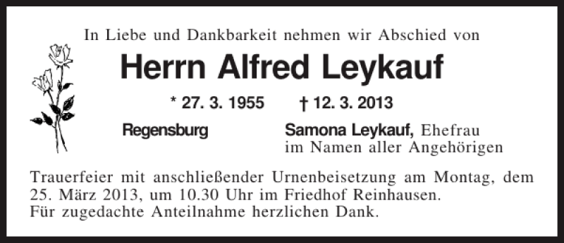  Traueranzeige für Regensburg Alfred Leykauf vom 21.03.2013 aus Mittelbayerische Zeitung