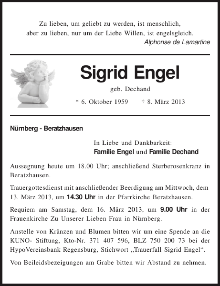  Traueranzeige für Sigrid Engel vom 12.03.2013 aus Mittelbayerische Zeitung