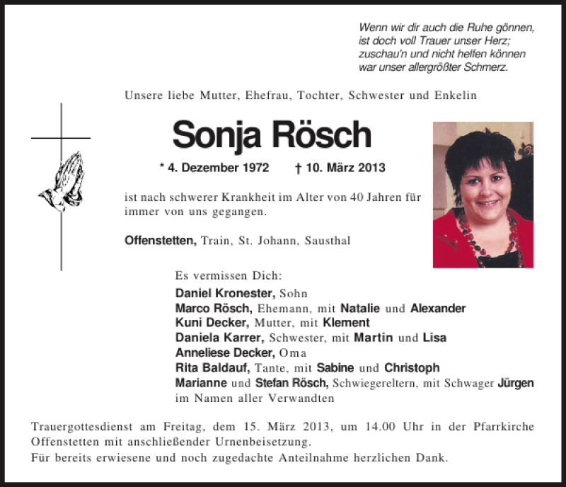  Traueranzeige für Sonja Rösch vom 13.03.2013 aus Mittelbayerische Zeitung