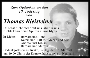 Traueranzeige von Thomas Bleisteiner von Mittelbayerische Zeitung