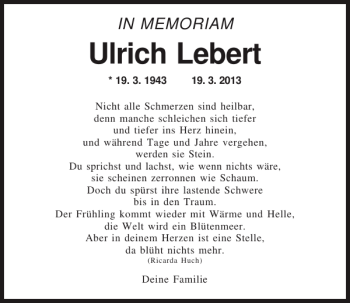 Traueranzeige von Ulrich Lebert von Mittelbayerische Zeitung