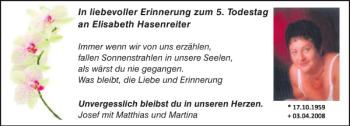 Traueranzeige von Elisabeth Hasenreiter von Mittelbayerische Zeitung