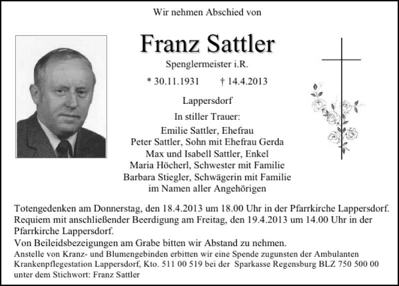  Traueranzeige für Franz Sattler vom 17.04.2013 aus Mittelbayerische Zeitung