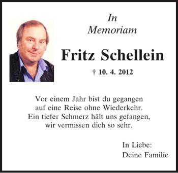 Traueranzeige von Fritz Schellein von Mittelbayerische Zeitung