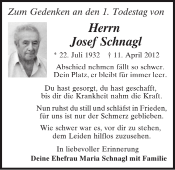 Traueranzeige von Josef Schnagl von Mittelbayerische Zeitung