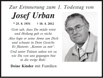 Traueranzeige von Josef Urban von Mittelbayerische Zeitung