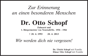 Traueranzeige von Neustadt/ Do. Dr. Otto Schopf von Mittelbayerische Zeitung