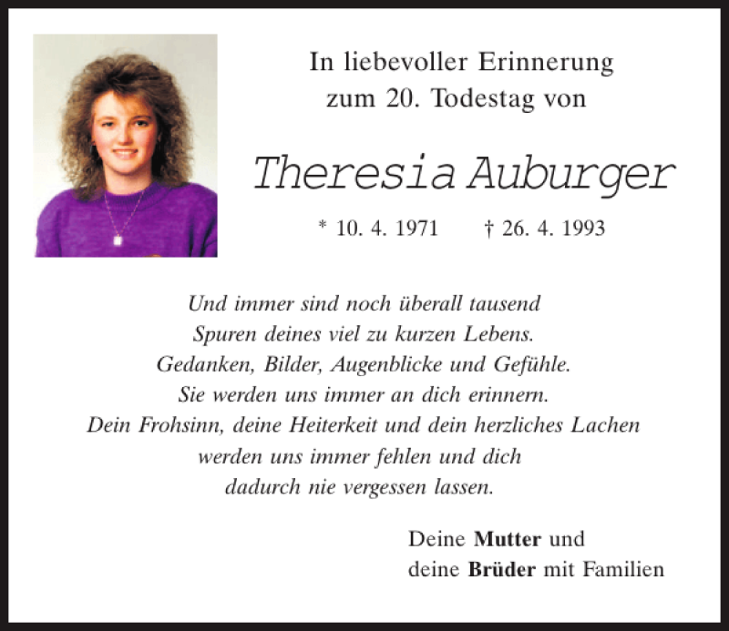  Traueranzeige für Theresia Auburger vom 26.04.2013 aus Mittelbayerische Zeitung