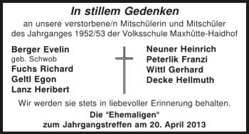 Traueranzeige von VS Maxhütte-Haidhof - Jahrgang 1952/53 von Mittelbayerische Zeitung