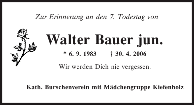  Traueranzeige für Walter Bauer jr. vom 30.04.2013 aus Mittelbayerische Zeitung