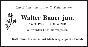 Traueranzeige von Walter Bauer jr. von Mittelbayerische Zeitung