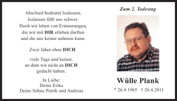Traueranzeige von Wülle Plank von Mittelbayerische Zeitung