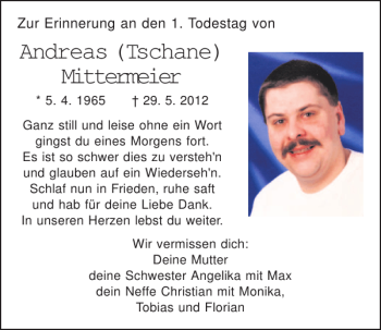 Traueranzeige von Andreas (Tschane) Mittermeier von Mittelbayerische Zeitung