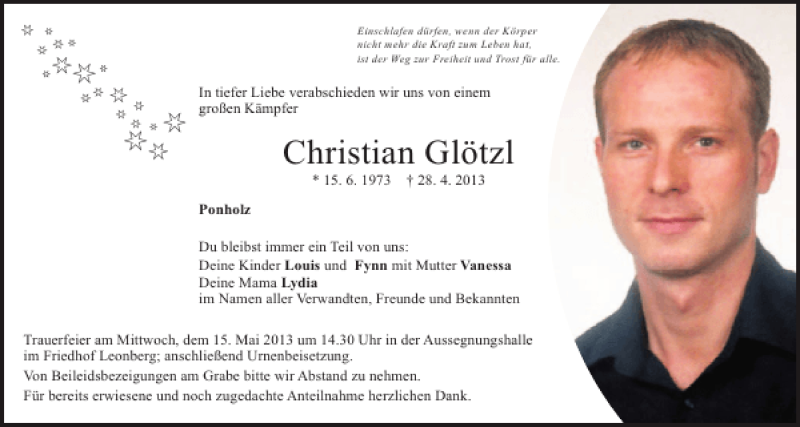 Traueranzeige für Christian Glötzl vom 11.05.2013 aus Mittelbayerische Zeitung