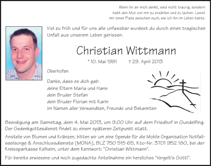  Traueranzeige für Christian Wittmann vom 02.05.2013 aus Mittelbayerische Zeitung