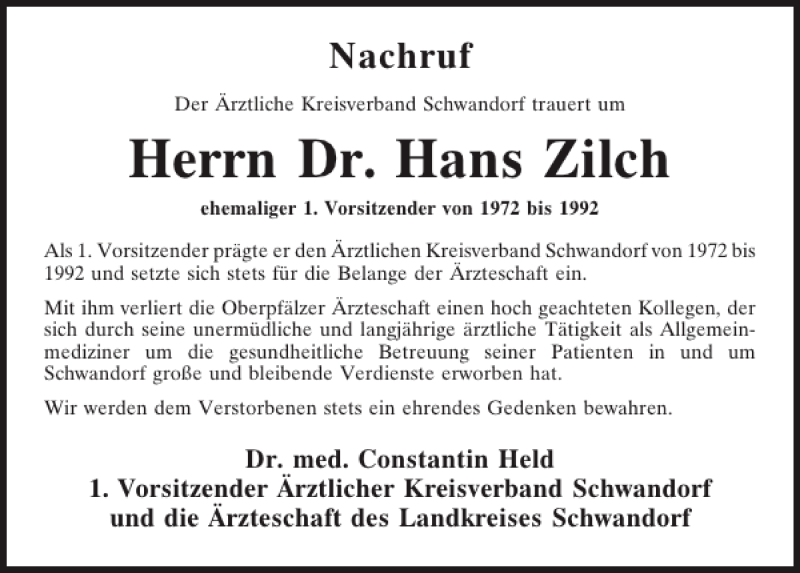 Traueranzeigen von Dr. Hans Zilch Mittelbayerische Trauer