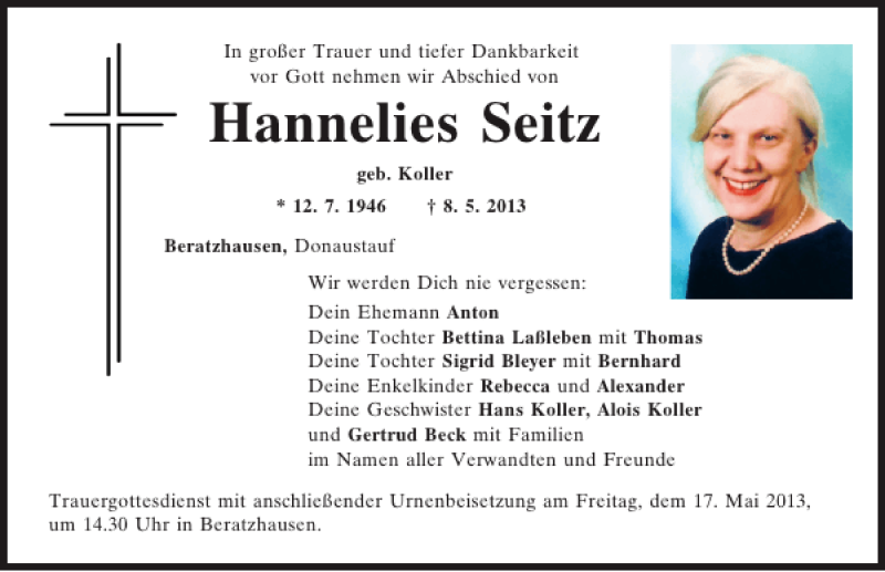  Traueranzeige für Hannelies Seitz vom 15.05.2013 aus Mittelbayerische Zeitung