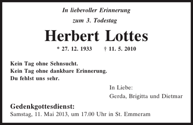  Traueranzeige für Herbert Lottes vom 10.05.2013 aus Mittelbayerische Zeitung