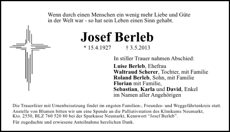  Traueranzeige für Josef Berleb vom 11.05.2013 aus Mittelbayerische Zeitung