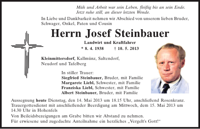  Traueranzeige für Kleinmittersdorf Josef Steinbauer vom 14.05.2013 aus Mittelbayerische Zeitung