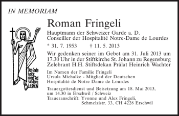 Traueranzeige von Roman Fringeli von Mittelbayerische Zeitung