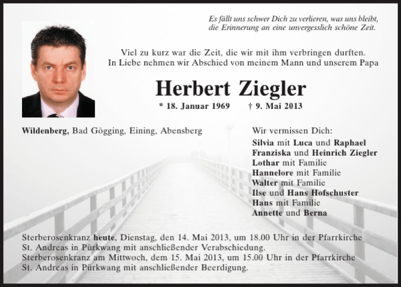  Traueranzeige für Herbert  Ziegler vom 14.05.2013 aus Mittelbayerische Zeitung
