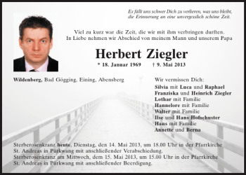 Traueranzeige von Herbert  Ziegler von Mittelbayerische Zeitung