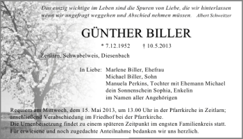 Traueranzeige von Zeitlarn Günther Biller von Mittelbayerische Zeitung