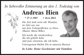 Traueranzeige von Andreas Hien von Mittelbayerische Zeitung