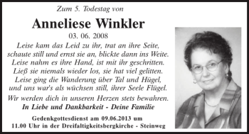 Traueranzeige von Anneliese Winkler von Mittelbayerische Zeitung