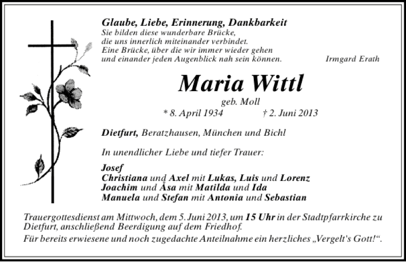  Traueranzeige für Dietfurt Maria Wittl vom 04.06.2013 aus Mittelbayerische Zeitung