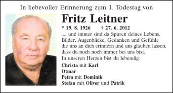 Traueranzeige von Fritz Leitner von Mittelbayerische Zeitung