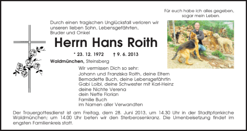  Traueranzeige für Hans Roith vom 26.06.2013 aus Mittelbayerische Zeitung