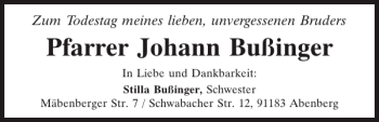 Traueranzeige von Johann Bußinger von Mittelbayerische Zeitung