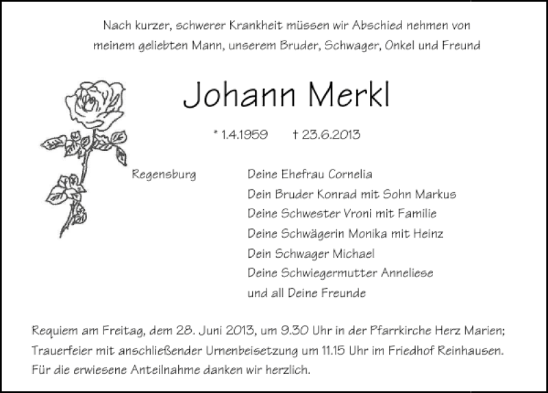  Traueranzeige für Johann Merkl vom 26.06.2013 aus Mittelbayerische Zeitung