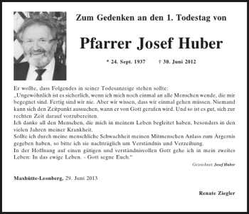 Traueranzeige von Josef Huber von Mittelbayerische Zeitung
