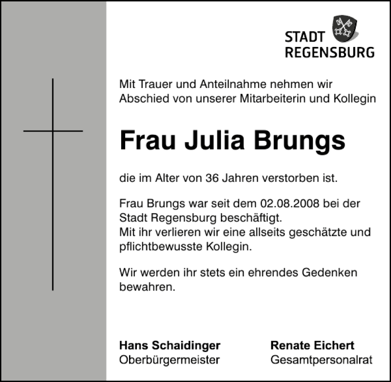  Traueranzeige für Julia Brungs vom 29.06.2013 aus Mittelbayerische Zeitung