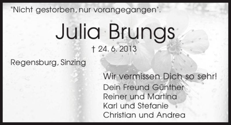  Traueranzeige für Julia Brungs vom 29.06.2013 aus Mittelbayerische Zeitung